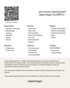 Lowongan Kerja Sebagai Operations Manager, Bar Manager, Hostess, Waitstaff, Barista, Dll untuk Copenhagen Penempatan di Uluwatu, Badung
