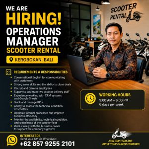 Lowongan Kerja Sebagai Operations Manager untuk Scooter Rental Penempatan di Kerobokan, Badung