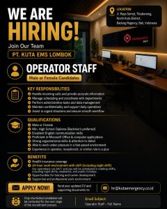Lowongan Kerja Sebagai Operator Staff untuk PT. Kuta Ems Lombok Penempatan di Tibubeneng, Badung