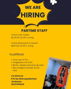 Lowongan Kerja Sebagai Part Time Staff untuk KYU By Warung Namiya Penempatan di Jimbaran, Badung