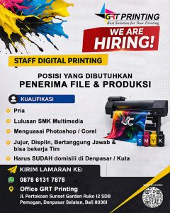 Lowongan Kerja Sebagai Penerima File dan Produksi untuk GRT Printing Penempatan di Denpasar
