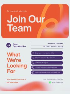Lowongan Kerja Sebagai Personal Assistant dan 3D Artist (Project Based) untuk Rainworks Indonesia Penempatan di Sanur, Denpasar