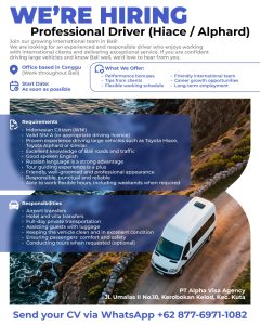 Lowongan Kerja Sebagai Professional Driver (Hiace/Alphard) untuk PT Alpha Visa Agency Penempatan di Badung