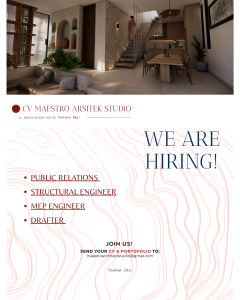 Lowongan Kerja Sebagai Public Relations, Structural Engineer, MEP Engineer, Drafter untuk CV. Maestro Arsitek Studio Penempatan di Tabanan