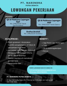 Lowongan Kerja Sebagai QSS & Pelaksana Lapangan Sipil, QS & Pelaksana Lapangan MEP dan Drafter / Arsitek untuk PT. Narendra Putra Dewata Penempatan di Kuta, Badung
