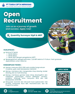 Lowongan Kerja Sebagai Quantity Surveyor Sipil & MEP, Pengawas Lapangan Project Sipil & MEP, Admin Proyek, Site Manager untuk PT. Tiara Cipta Nirwana Penempatan di Badung 
