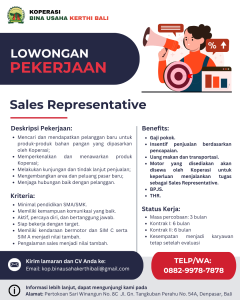 Lowongan Kerja Sebagai Representative dan Driver Operasional untuk Koperasi Bina Usaha Kerthi Bali Penempatan di Denpasar