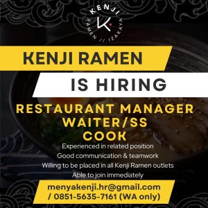Lowongan Kerja Sebagai Restaurant Manager, Waiter/ss dan Cook untuk Ramen Kenji Penempatan di Badung