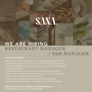 Lowongan Kerja Sebagai Restaurant Manager/F&B Manager untuk SANA Penempatan di Bali