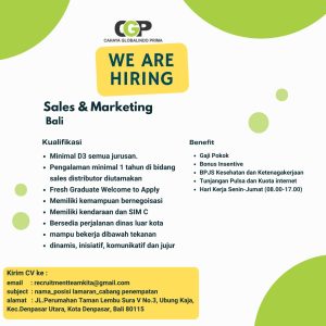Lowongan Kerja Sebagai Sales & Marketing untuk Cahaya Globalindo Prima Penempatan di Ubung, Denpasar