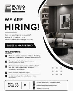 Lowongan Kerja Sebagai Sales & Marketing untuk PT. Furniq Interia Indonesia Penempatan di Denpasar