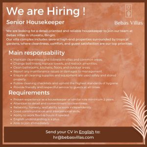 Lowongan Kerja Sebagai Senior Housekeeping untuk Bebas Villas Penempatan di Uluwatu, Badung