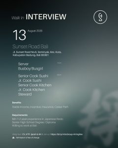 Lowongan Kerja Sebagai Server, Busboy/Busgirl, Senior Cook Sushi, Senior Cook Kitchen, Dll untuk Sushi Hiro Penempatan di Badung