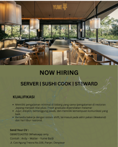 Lowongan Kerja Sebagai Server, Sushi Cook dan Steward untuk YUME Penempatan di Renon, Denpasar