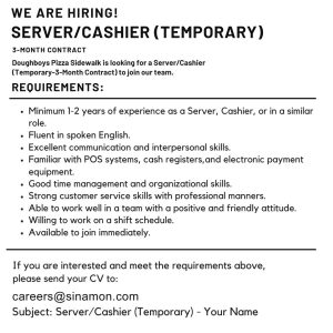 Lowongan Kerja Sebagai Server/Cashier (Temporary) untuk Doughboys Pizza Penempatan di Sidewalk Jimbaran, Badung
