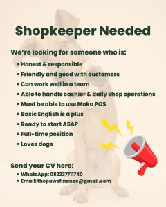 Lowongan Kerja Sebagai Shopkeeper untuk The Paws Penempatan di Badung