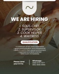 Lowongan Kerja Sebagai Sous Chef, Supervisor, Cook Helper dan Waitress untuk Warung Nelayan Penempatan di Sanur, Denpasar