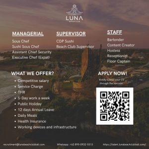 Lowongan Kerja Sebagai Sous Chef, Sushi Sous Chef, Assistant Chief Security, Executive Chef (Expat), Dll untuk Luna Beach Club Penempatan di Tabanan