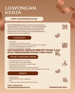 Lowongan Kerja Sebagai Staff Accounting dan Pajak untuk CV. Taru Jineng Jaya Penempatan di Denpasar