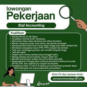 Lowongan Kerja Sebagai Staff Accounting dan Staff Purchasing untuk SAVOR Pererenan Penempatan di Badung