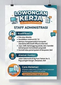 Lowongan Kerja Sebagai Staff Administrasi untuk UD. Bali Jaya Komputer Penempatan di Denpasar