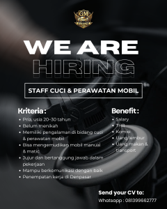 Lowongan Kerja Sebagai Staff Cuci & Perawatan Mobil penempatan di GM Garage Bali Penempatan di Sesetan, Denpasar