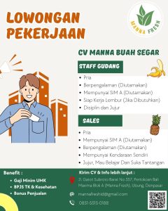 Lowongan Kerja Sebagai Staff Gudang dan Sales untuk Manna Fresh Penempatan di Denpasar