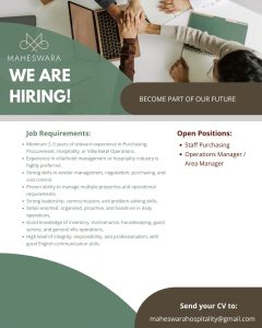 Lowongan Kerja Sebagai Staff Purchasing dan Operations Manager / Area Manager untuk MAHESWARA Penempatan di Bali