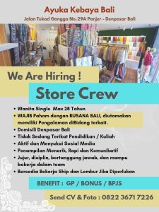 Lowongan Kerja Sebagai Store Crew untuk Ayuka Kebaya Bali Penempatan di Panjer, Denpasar