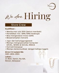 Lowongan Kerja Sebagai Store Crew untuk Nonie Gold Shop Penempatan di Denpasar