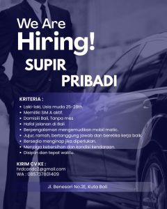Lowongan Kerja Sebagai Supir Pribadi untuk Penempatan di Kuta, Badung