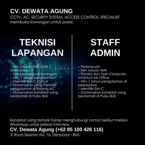 Lowongan Kerja Sebagai Teknisi Lapangan dan Staff Admin untuk CV. Dewata Agung Penempatan di Denpasar