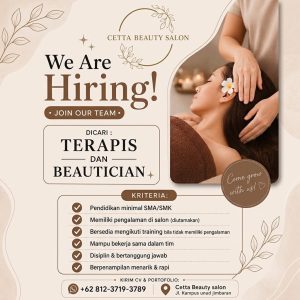 Lowongan Kerja Sebagai Terapis dan Beautician untuk Cetta Beauty Salon Penempatan di Jimbaran, Badung