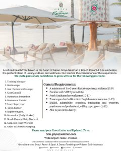Lowongan Kerja Sebagai Training Manager, Bar Manager, Asst. Restaurant Manager, Cost Controll, Dll untuk Griya Santrian Penempatan di Sanur, Denpasar