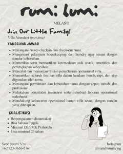 Lowongan Kerja Sebagai Villa Attendant (Part Time) untuk Rumi Bumi Penempatan di Badung
