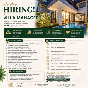 Lowongan Kerja Sebagai Villa Manager untuk Asri Cinta Villas Penempatan di Tegallalang, Gianyar