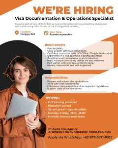 Lowongan Kerja Sebagai Visa Documentation & Operations Specialist untuk PT Alpha Visa Agency Penempatan di Badung