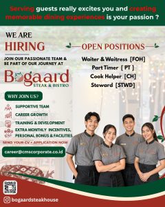 Lowongan Kerja Sebagai Waiter & Waitress, Part Time, Cook Helper dan Steward untuk Bogaard Steak House Penempatan di Denpasar