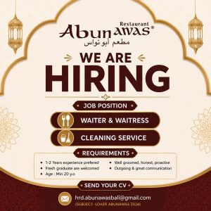 Lowongan Kerja Sebagai Waiter & Waitress dan Cleaning Service untuk Restaurant Abunawas Penempatan di Denpasar