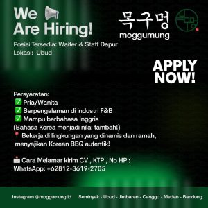 Lowongan Kerja Sebagai Waiter dan Staff Dapur untuk Moggumung Penempatan di Ubud, Gianyar 