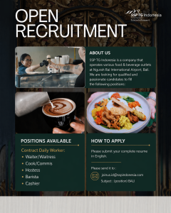 Lowongan Kerja Sebagai Waiter/Waitress, Cook/ Commis, Hostess, Barista dan Cashier untuk Taurus Gemilang Group Penempatan di Bandara I Gusti Ngurah Rai, Badung