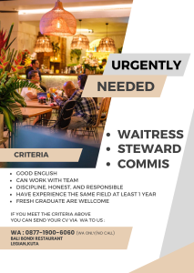 Lowongan Kerja Sebagai Waitress, Steward dan Commis untuk Bali Bondi Restaurant Penempatan di Legian, Badung