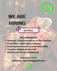Lowongan Kerja Sebagai Waitress untuk Nori Bali Penempatan di Sanur, Denpasar