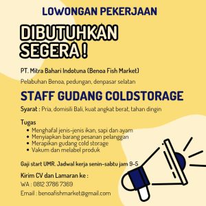 Lowongan Kerja Sebagai Staff Gudang Coldstorage untuk PT. Mitra Bahari Indotuna (Benoa Fish Market) Penempatan di Denpasar