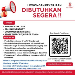 Lowongan Kerja Sebagai Admin Entry Data, Admin Inventory, Customer Service, Helper Toko untuk CV Fenny Bersama Penempatan di Denpasar