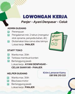 Lowongan Kerja Sebagai Admin Gudang, Staff Toko dan Helper Gudang untuk Vishaka Bedding & Curtains Penempatan di Denpasar