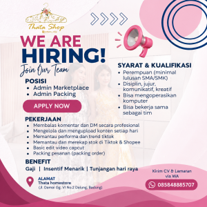 Lowongan Kerja Sebagai Admin Marketplace, Admin Packing untuk Thata Shop Penempatan di Dalung, Badung