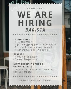 Lowongan Kerja Sebagai Barista untuk Kopi Konnichiwa Penempatan di Denpasar
