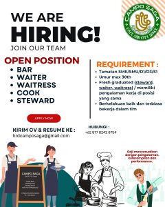 Lowongan Kerja Sebagai Cook, Waiter/ Waitress, Steward, Bar untuk Campo Saga Cafe & City Space Penempatan di Denpasar
