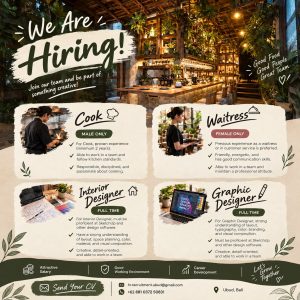 Lowongan Kerja Sebagai Cook, Waitress, Interior Designer dan Graphic Designer untuk Goutama Street Bali Penempatan di Ubud, Gianyar